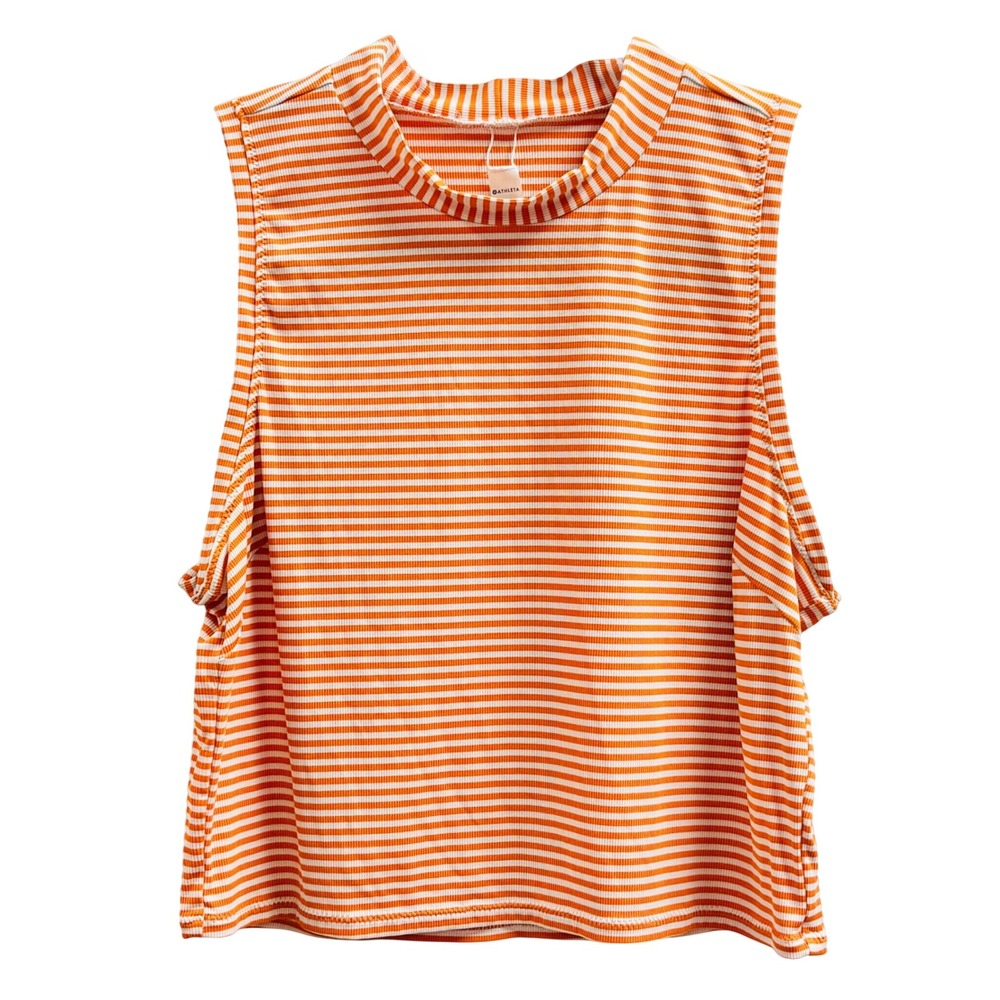 Athleta Orange White Striped Mock Neck Ribbed Sleeveless Top Large